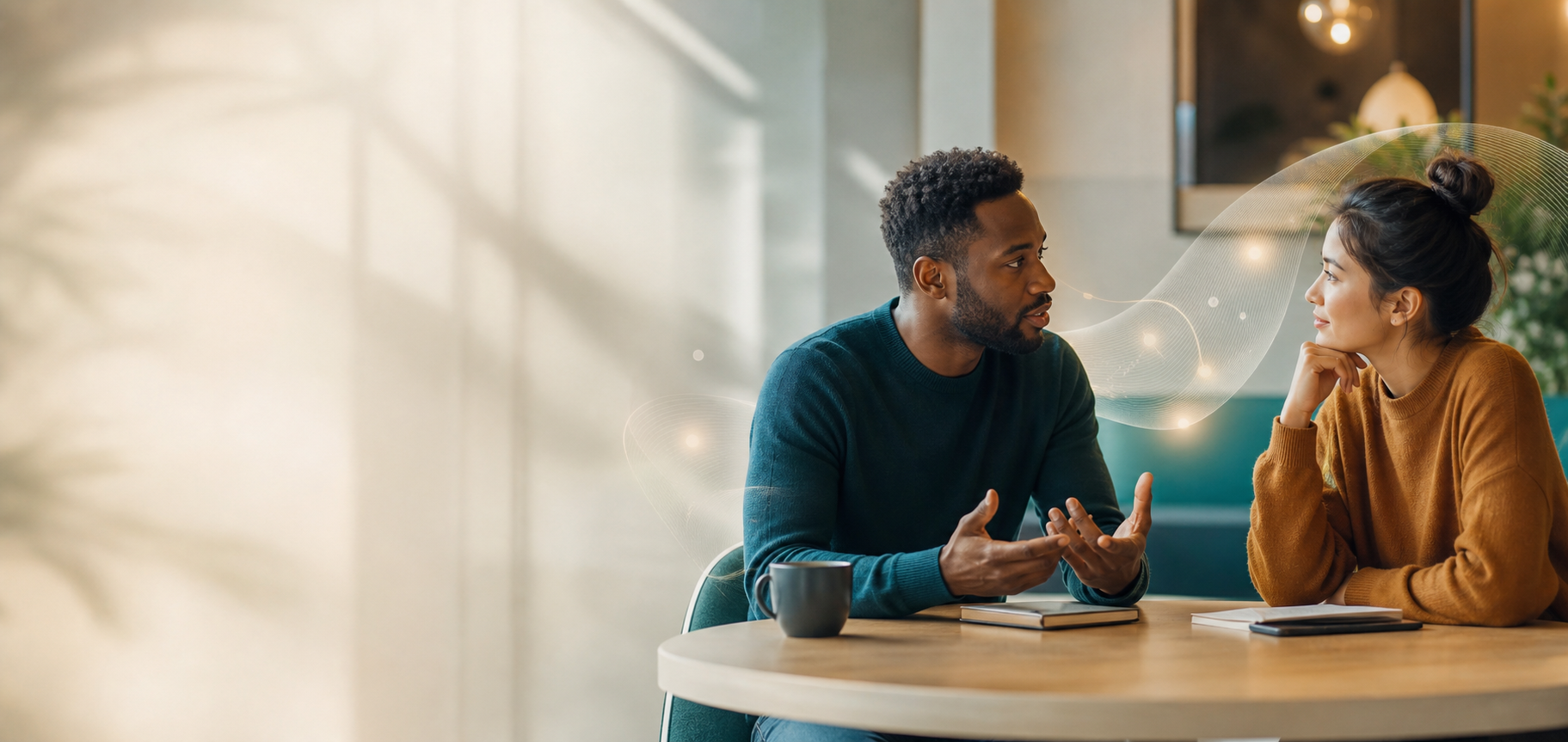 Two people in a thoughtful guided conversation